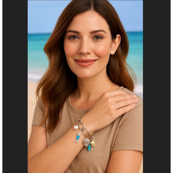 J. Jill Multi-Charm Bracelet Metal Blue Rising Tides Shell Fish Turtle Sea Life - Picture 1 of 14